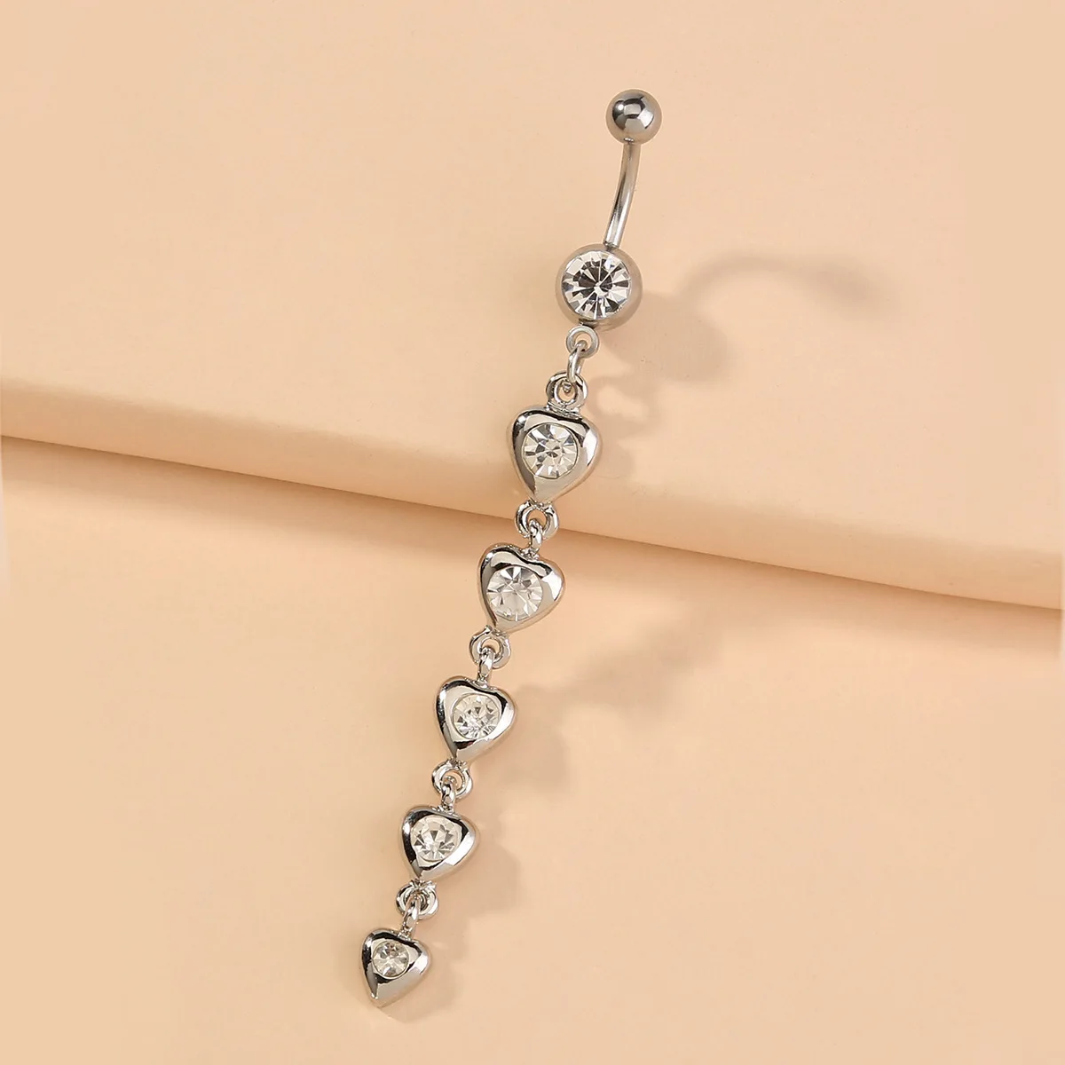 

New Arrival Cubic Zircon Heart Long Tassel Body Piercing Stainless Steel Crystal Rhinestone Tassel Heart Love Belly Ring