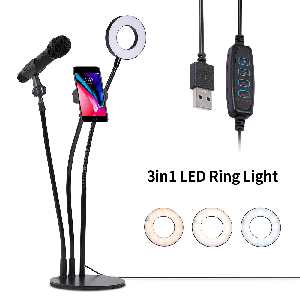 

LED Desktop Video Ring Light Fill Lamp 3in1 9cm Phone Microphone With Weight Base USB Plug