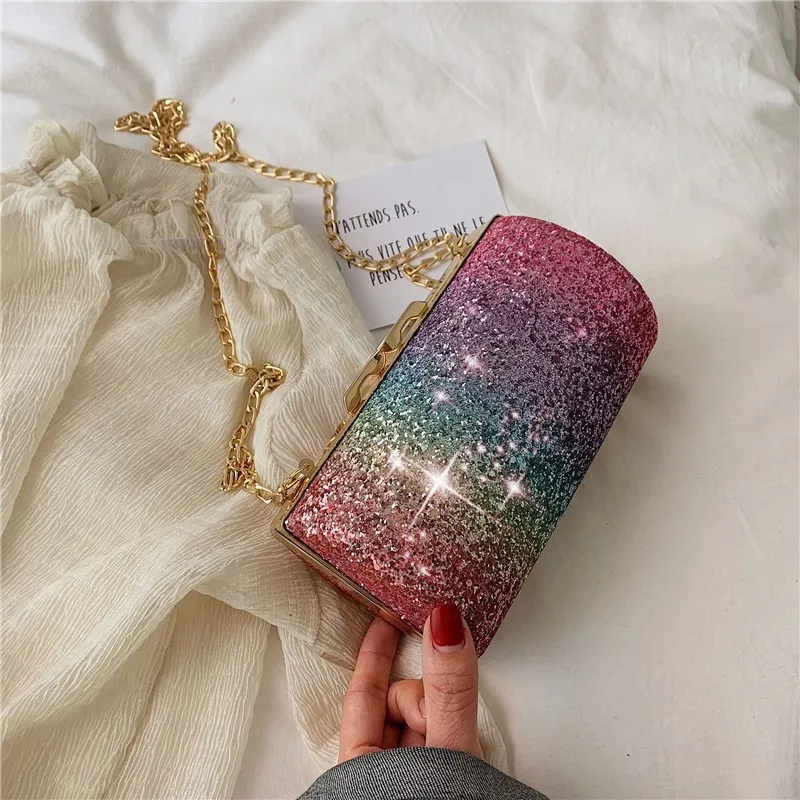 

2020 New fashion shiny girls crossbody shoulder handbags glitter purse Glitter rainbow clutch bag evening with chain, 4colors