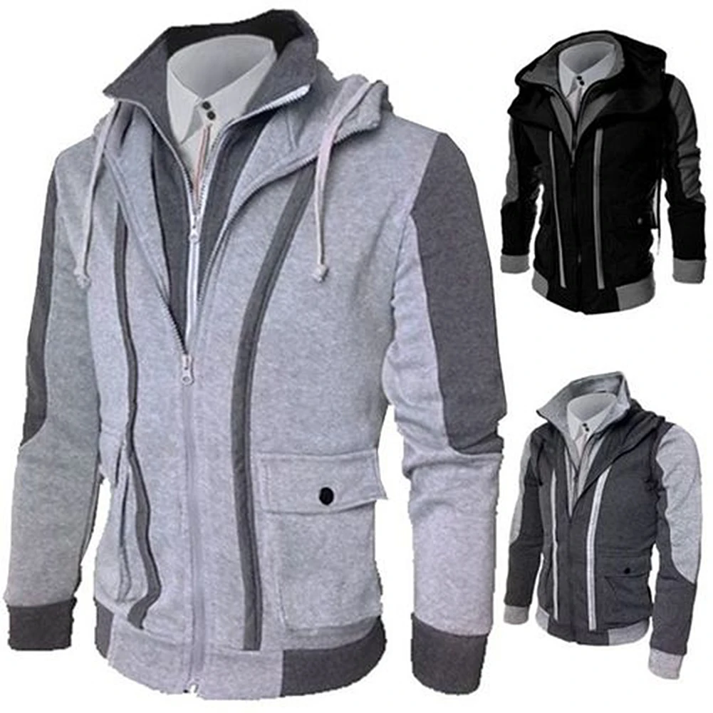 Casual Men Jackets Coats Winter Thin Warm Zipper Hooded Jackets Fake Two Pieces Sports Sweatshirt Men's Clothing dispel cold