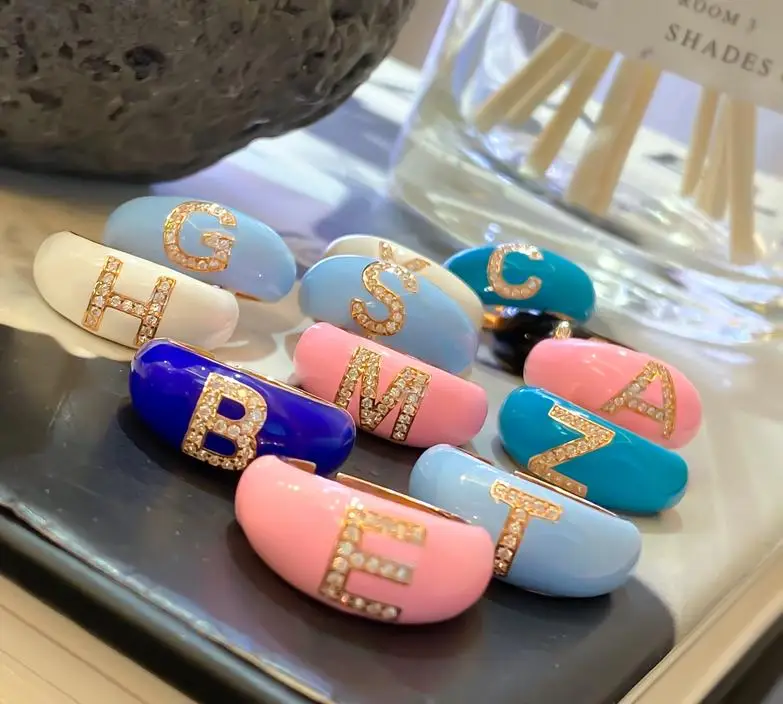 

Inital 26 Alphabet Letter A-Z Fashion Band Ring For Women Colorful Neon Enamel Cz Jewelry, Customized