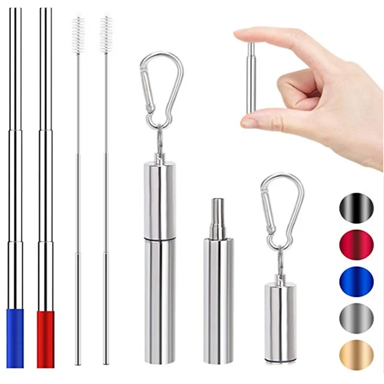 2019 Amazon Hot Sale Stainless Steel Telescopic Straw Metal Drinking Folding Straw Custom Logo With Case And Cleaning Brush