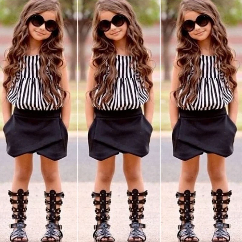 

Wholesale 2021 New Summer Striped Top and Black Shorts for Girls, Picture shows