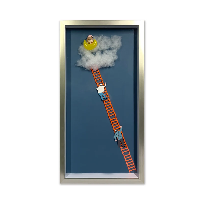 

JZ Kids Room Decor Mixed Media Artwork Cloud Ladder 3D Painting Abstract Wall Art With Frame