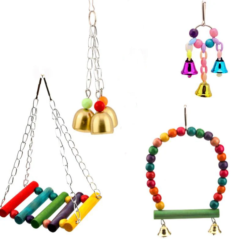 

5PCS Bird Parrot Toys Hanging Bell Pet Bird Cage Hammock Swing Toy Wooden Perch Chewing Toy for Small Parrots, Colorful