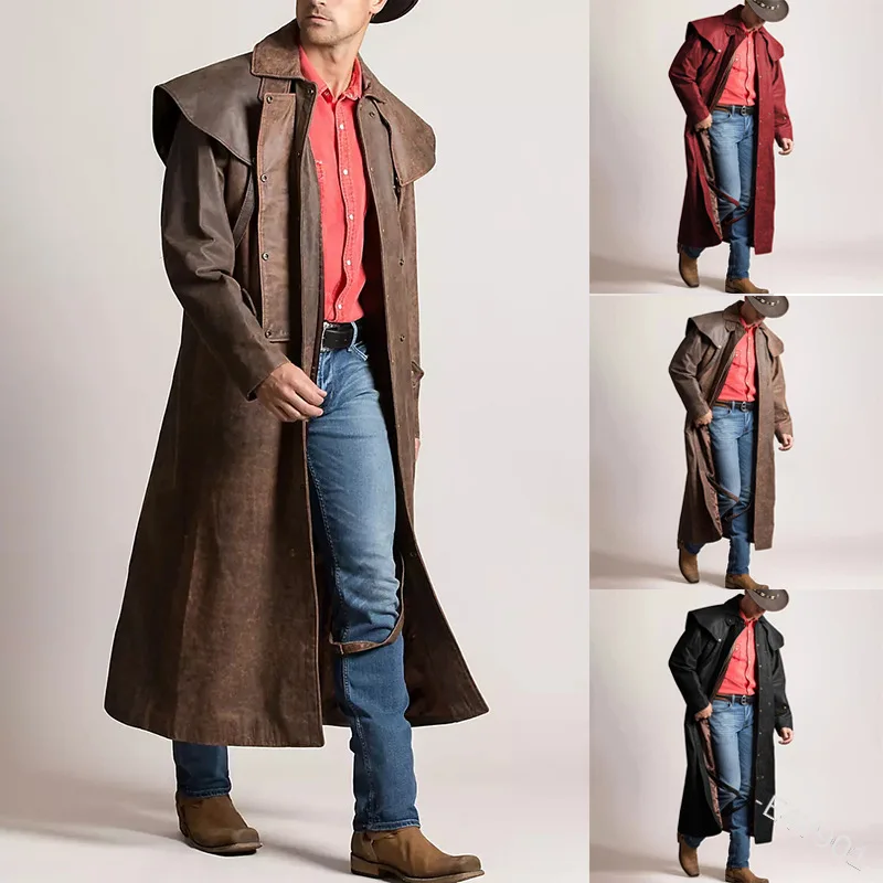 

Men's New Design Fashion Classic Black Real Cow PU Leather Duster With Top Quality trench coat