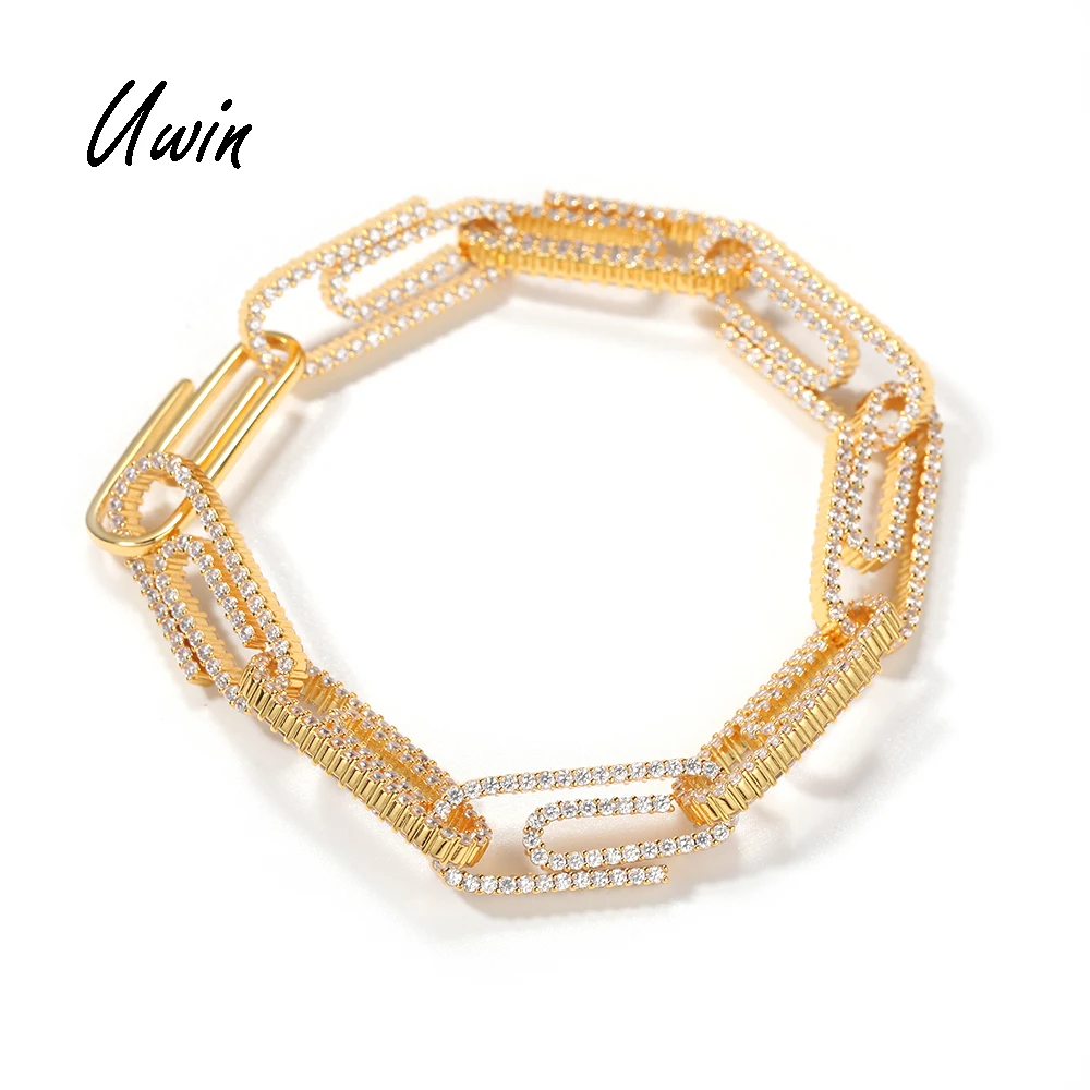 

UWIN Bling Bling CZ Paper Clip Link Chain Bracelet Unisex Hip Hop Rapper Jewelry