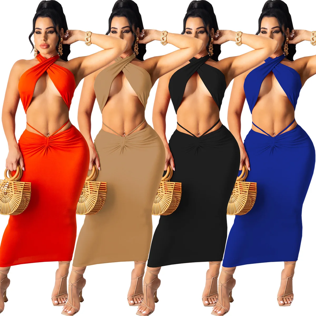 

Woman Two Piece Boho Outfit Suits Halter Bandage Tanks And Ruched Drawstring Midi Skirts Matching Sets, Shown