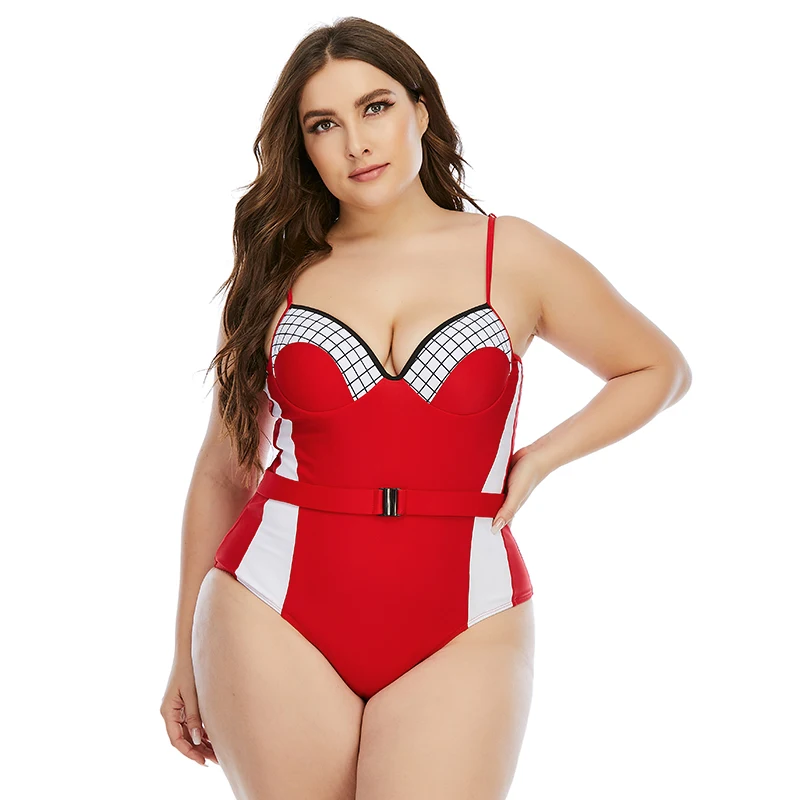 

Womens Sexy V Neck Plunge Monokini with Belt One Piece Swimsuit Bathing Suit Plaid Tummy Control Beach Swimwear