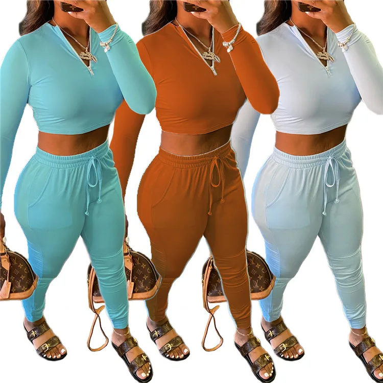 

Solid Color Zipper Crop Top Slim Fit Two Piece Set Casual Long Sleeves Two Piece Set Women Clothing Two Piece Jogging Set