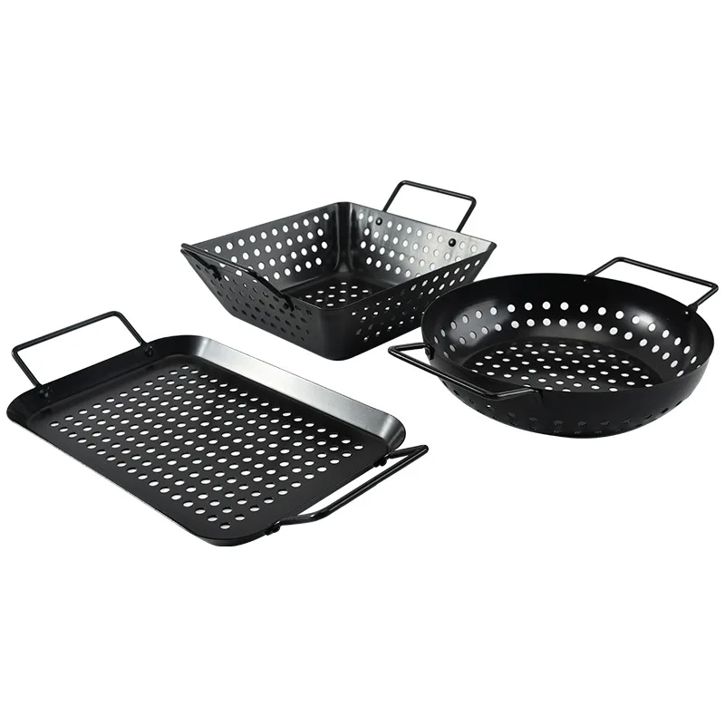 

Factory Wholesale Grilling Accessories for All Grills and Smokers Nonstick Carbon Steel Vegetable Grill Basket Wok Topper, Black