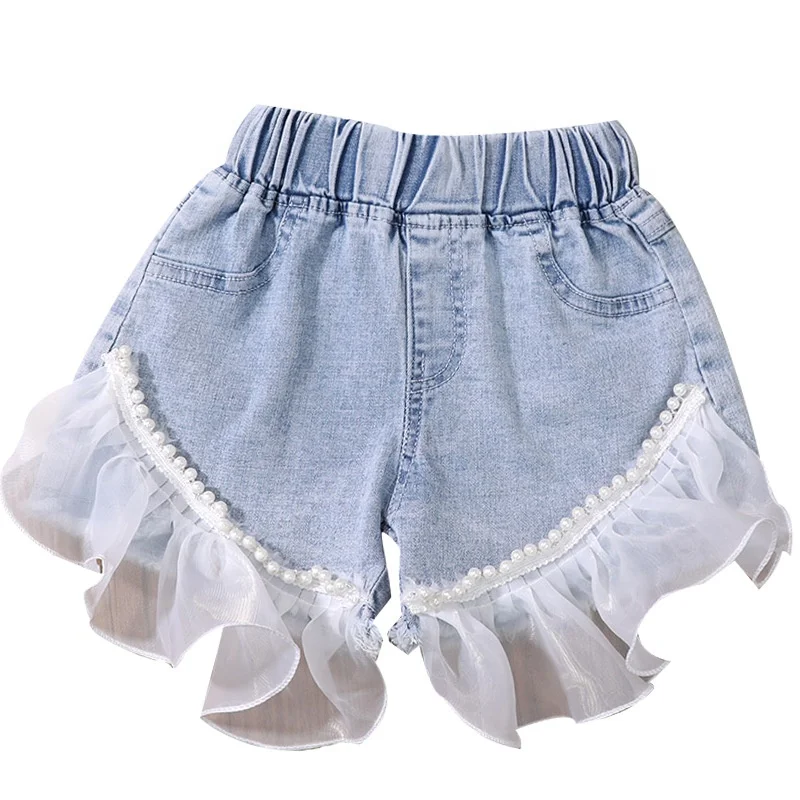 

whosale children summer short trousers girl sunflower tulle lace denim shorts, As picture