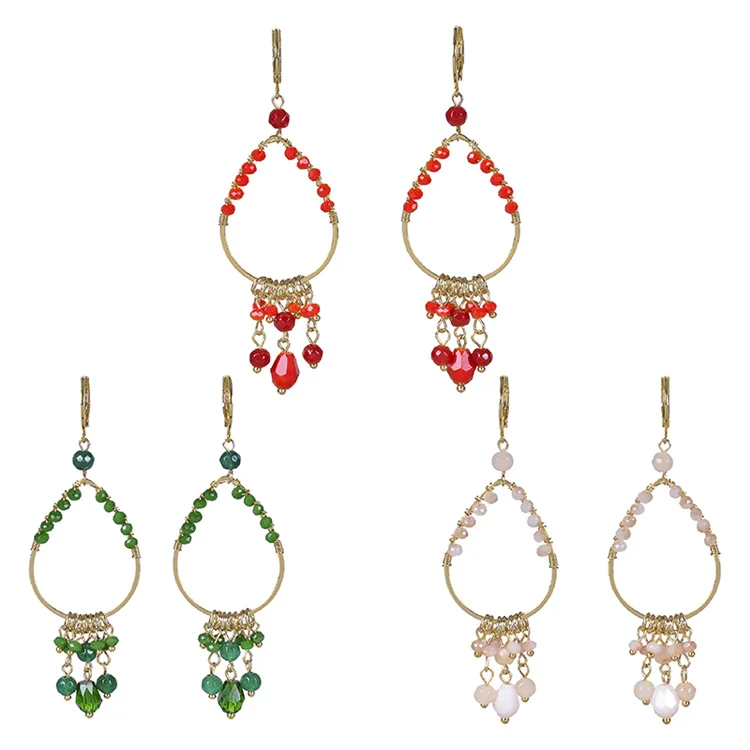 

New Arrival Vintage Jewelry Bohemia Tassel Glass Bead Pendant gem stones earrings Water Drops Gold Plated Earrings long, 3 colors