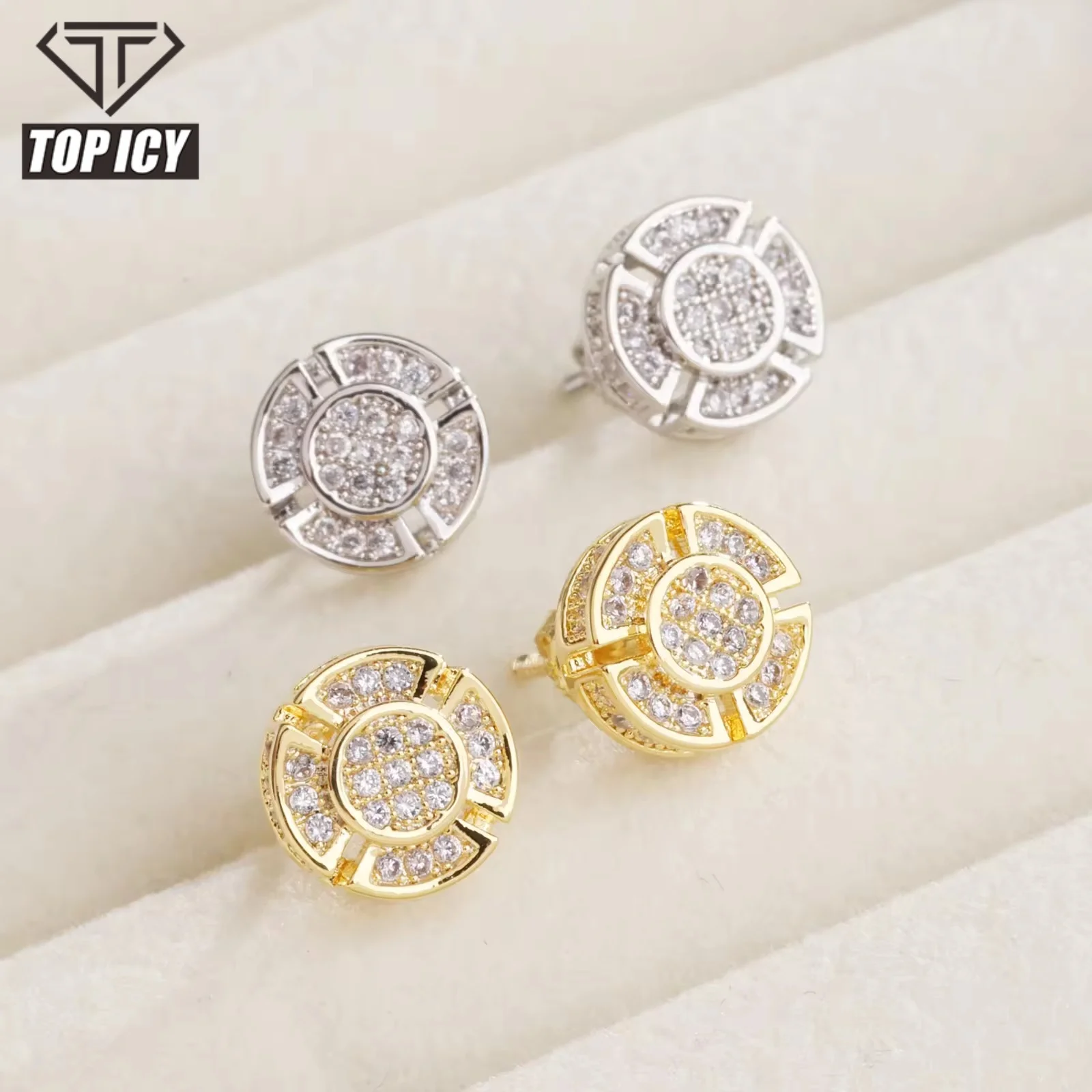 Hot Selling Fashion Earrings Zircon 4 Fanshaped  Round Circle Stud Earring Iced Out Jewelry Earrings for Women Men Unisex
