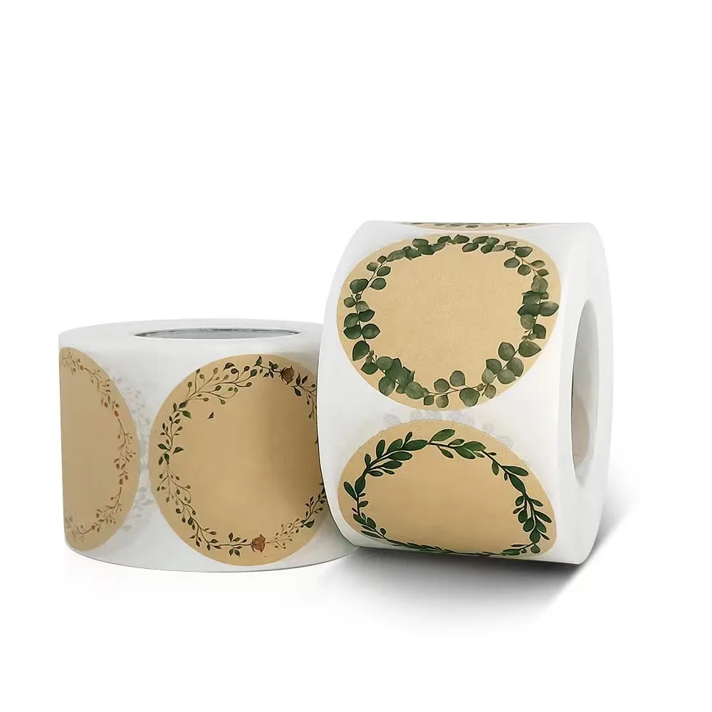 

e-500PCS/Roll Brown paper flower and plant sticker for Gift packaging handwritten message Self-adhesive label sealing decoration