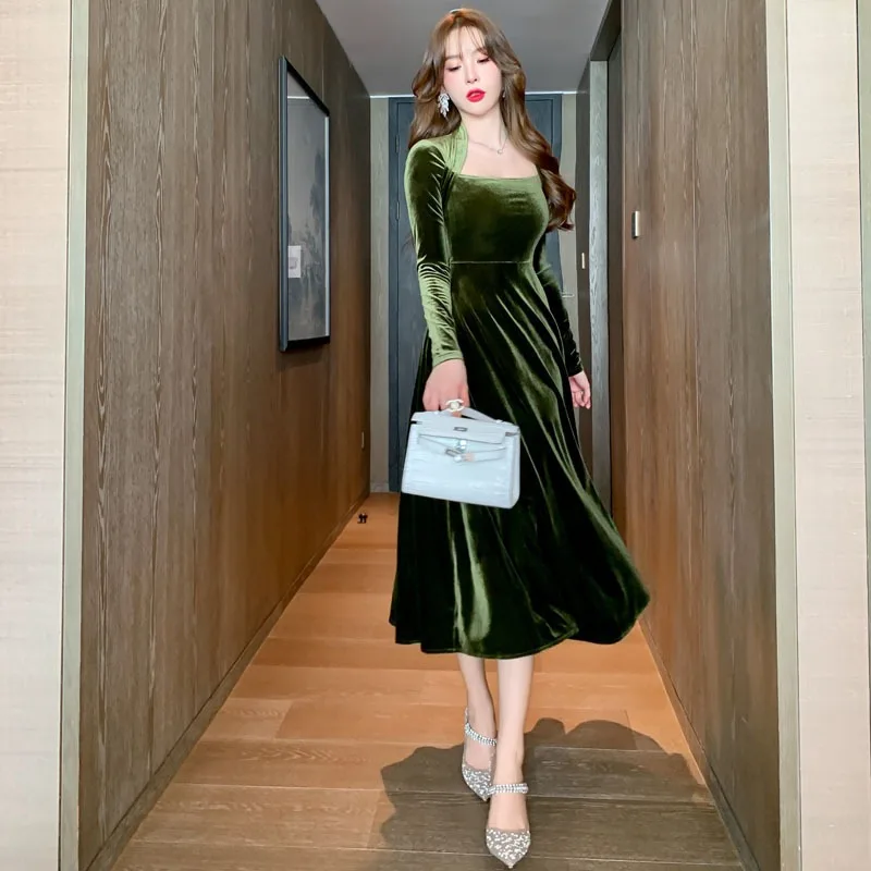 

ZY.HT 2023 Fast Shipping Party Long Sleeve Elegant Dress Women French Style Retro Waist Slimming Casual Velvet Dresses