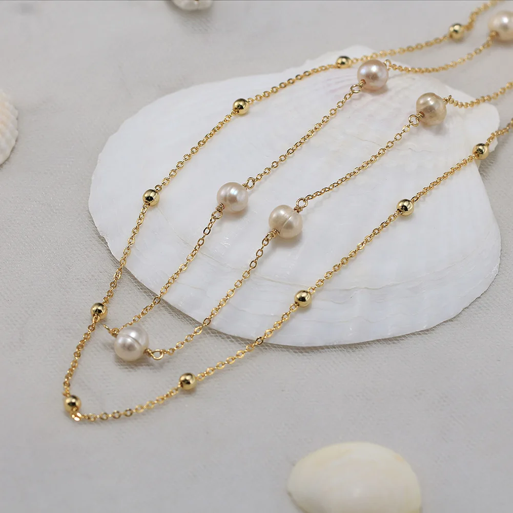 RINNTIN GPN62 Double Layer 925 Sterling Silver Necklace Multiple Fresh Water Pearls Gold Plated Necklaces for Women