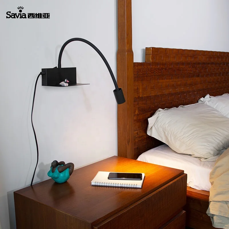 LED 3W Long Neck Hotel Bedside Bed Reading Wall Mounted Lamp Light With USB Charger Port Phone Holder Shades Switch