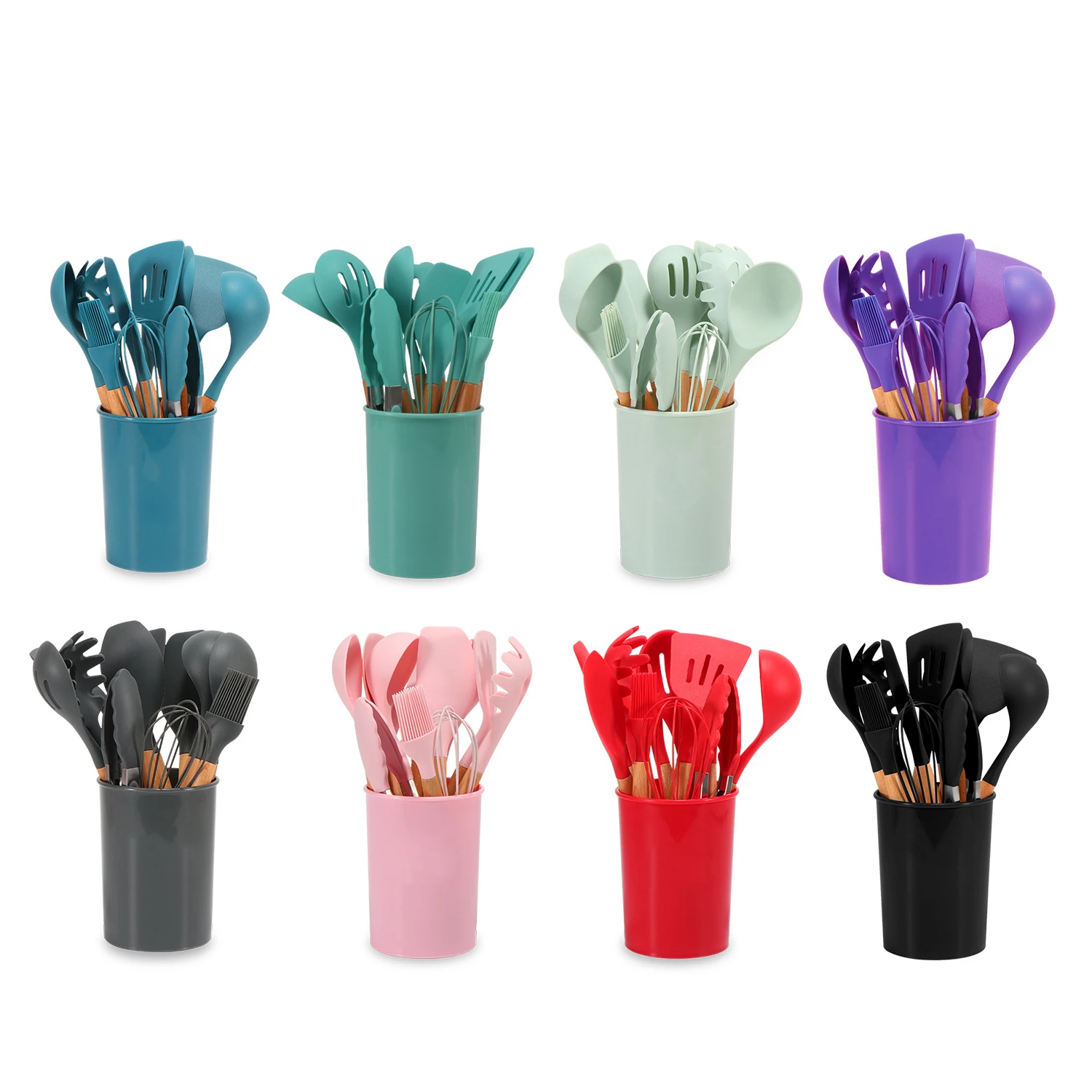 

2021 Amazon Hot Sale Non-Stick Pan Heat Resistant Wood Handle 12 Pieces Cooking tools Silicone Kitchen Utensils Set, Customed colors