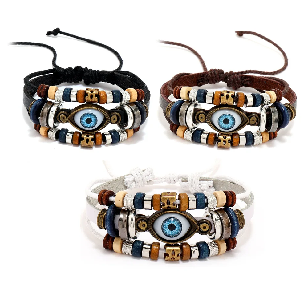 

Fashionable Leather bracelets with Beads Charms jewelry adjustable evil eye bracelet Hiphop multilayer bracelets women