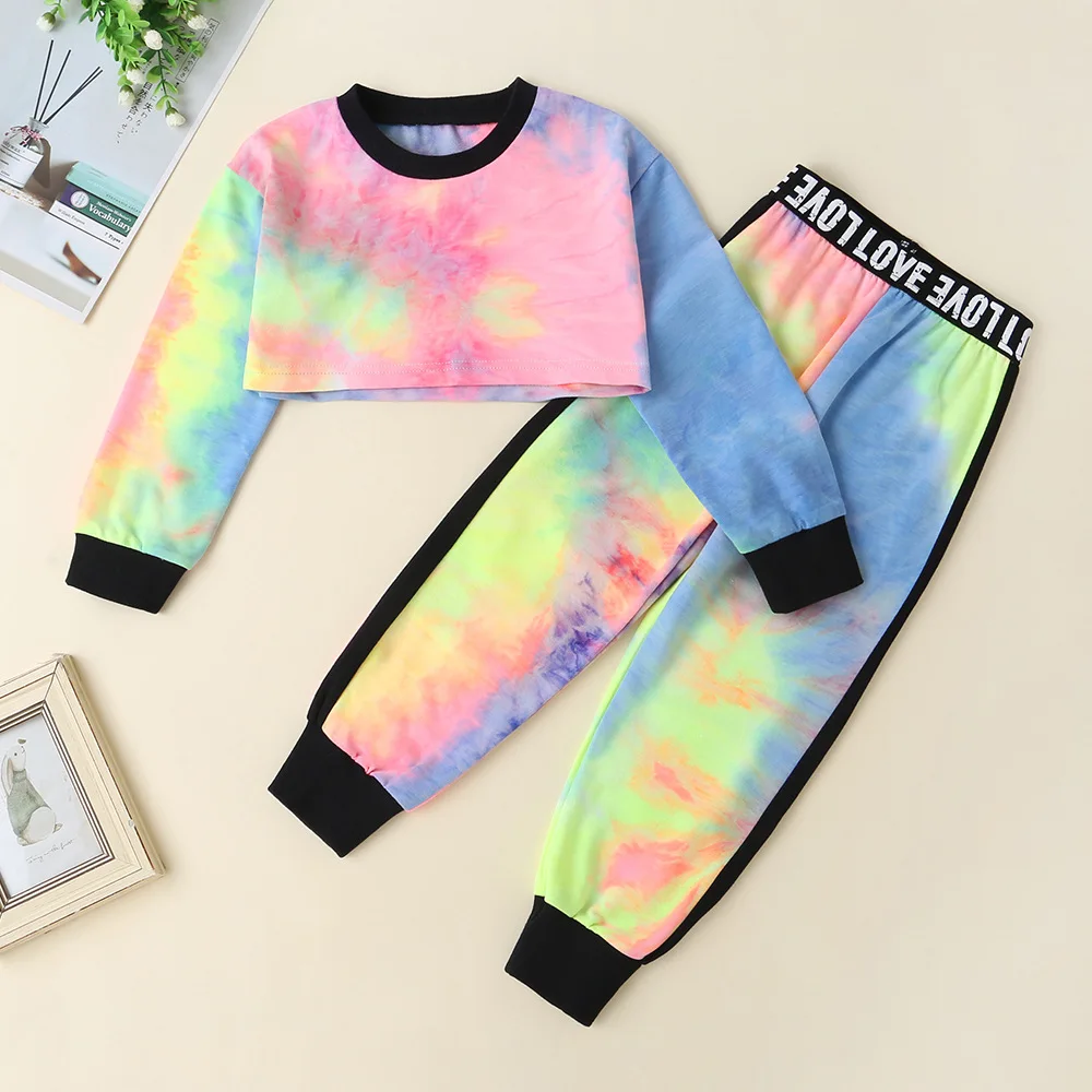 

New fashion holiday style little girls clothes fall children Rainbow color long sleeve two-piece girls clothes kids, Picture