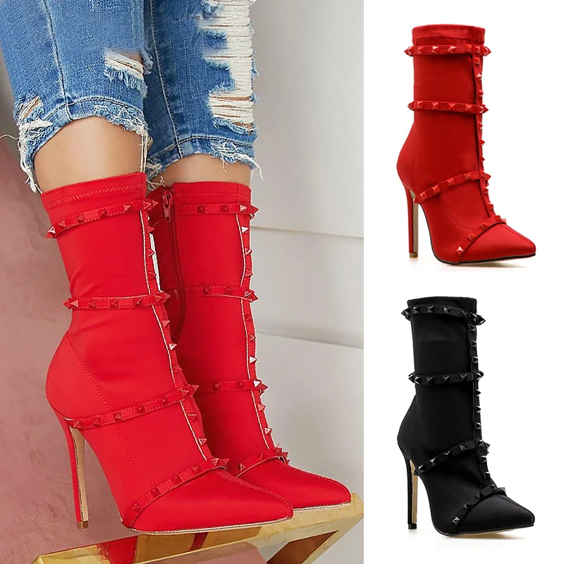 

Dropshipping rivet red boots fashion midi heel boot hot sale mature women high heels stocking tube big size boots women shoes