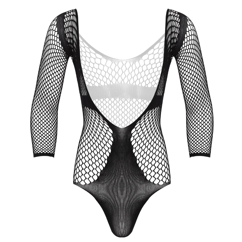 

2021 Hot Mens Hollow Out Netted See Through Stretchy Bodysuits Nightwear Mankini