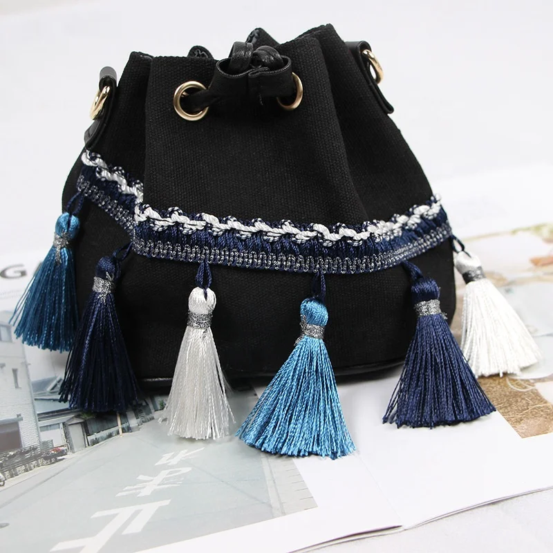 

B23710A National style canvas Mini bucket bag Fashionable drawstring handbag