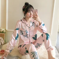 

Hot selling spring summer fall women girls sleepwear 2 pieces set wholesale printed satin pajama