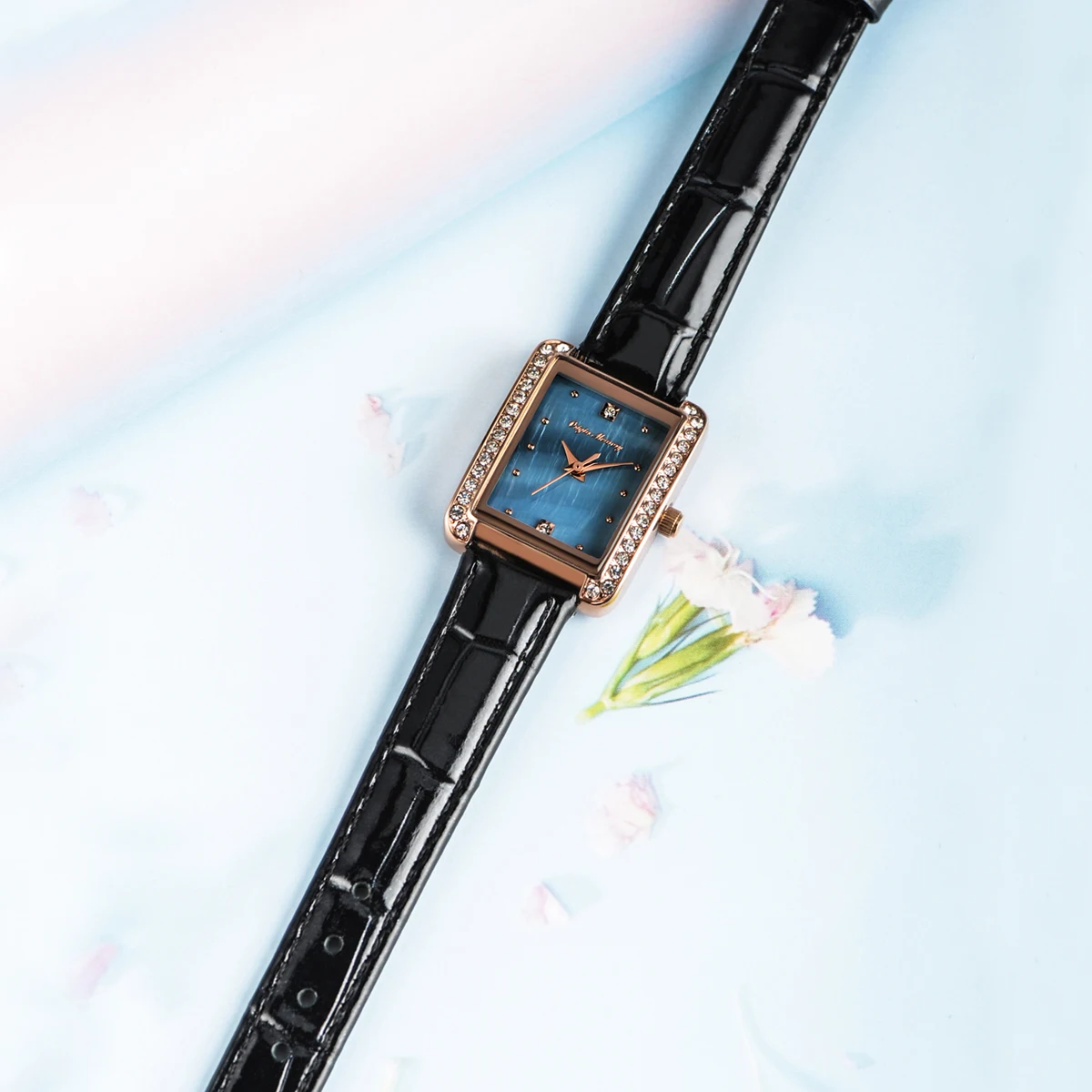 

Luxury rectangle Diamond Black shiny leather belt Quartz Watches Waterproof Women Wrist Leather Strap Watch