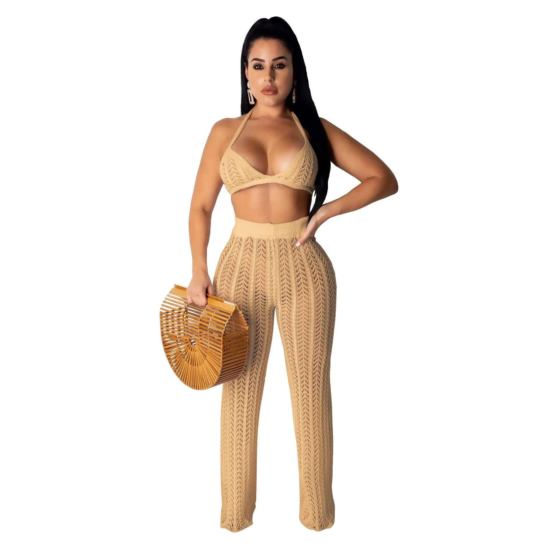 

Summer Beach Wear Sexy Crochet Swimwear Women Cover Up Hollow Out 2 Two Piece Set Knitted Set Bra And Pants Outfits C13759
