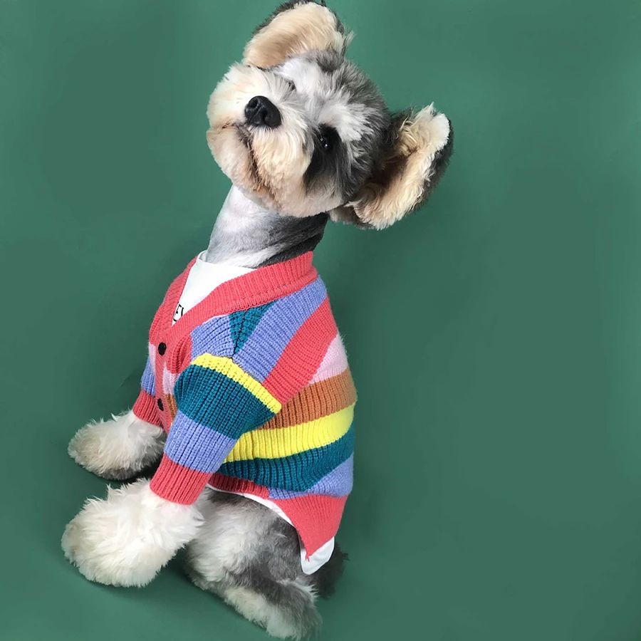Autumn and winter dog sweater fashion Rainbow Stripe pet cardigan warm coat