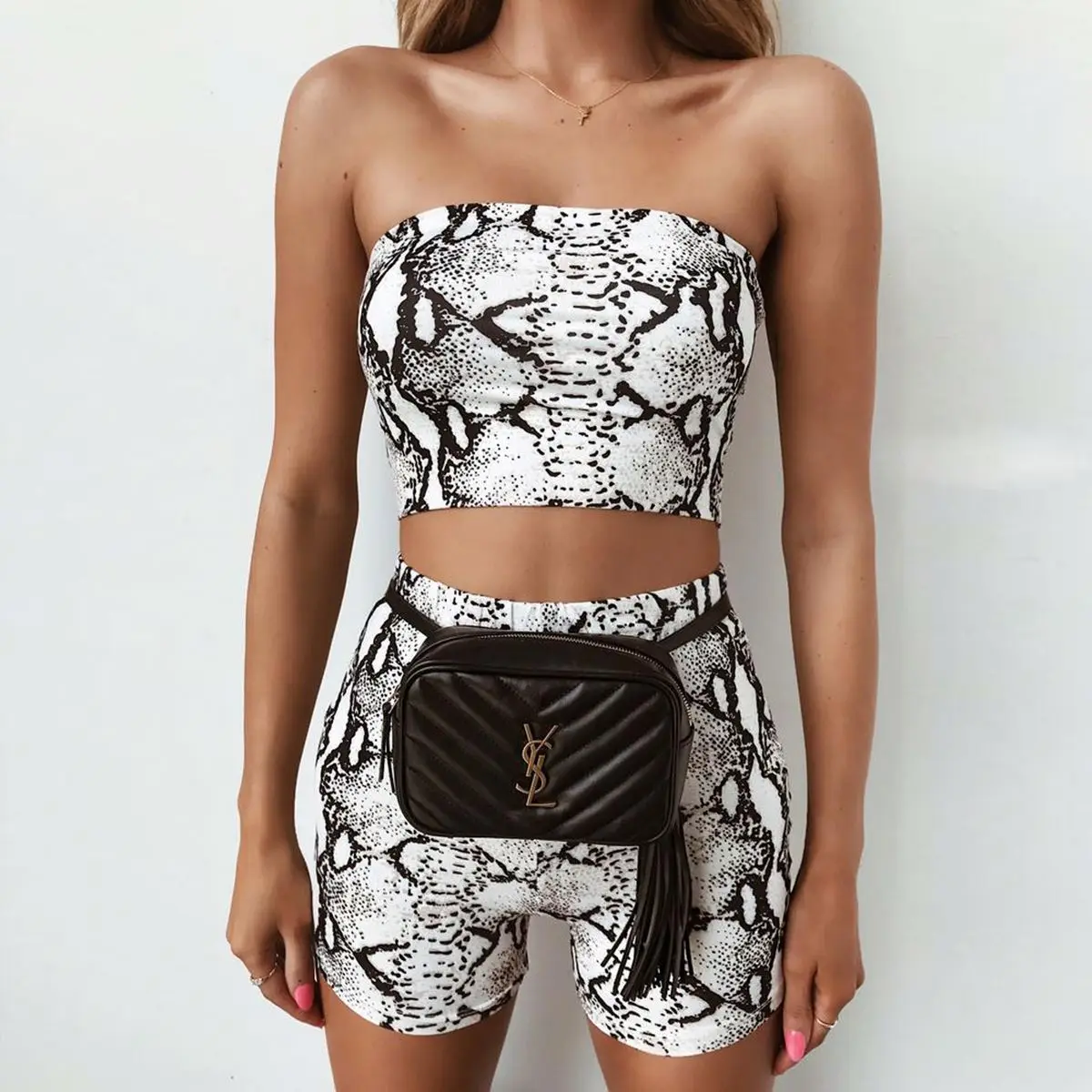 

New Trendy Sexy Club Wear Sleeveless Strapless Crop Top Two Piece Shorts Set Women Clothing