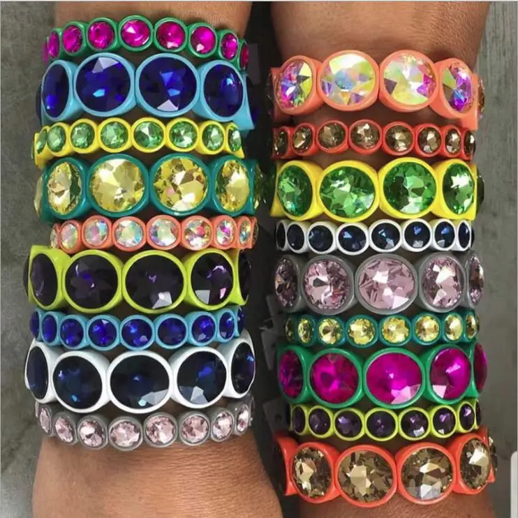 

BM2010 Fashion Bohemian Bling Crystal Pave Enamel Alloy Tile Elastic Bracelets