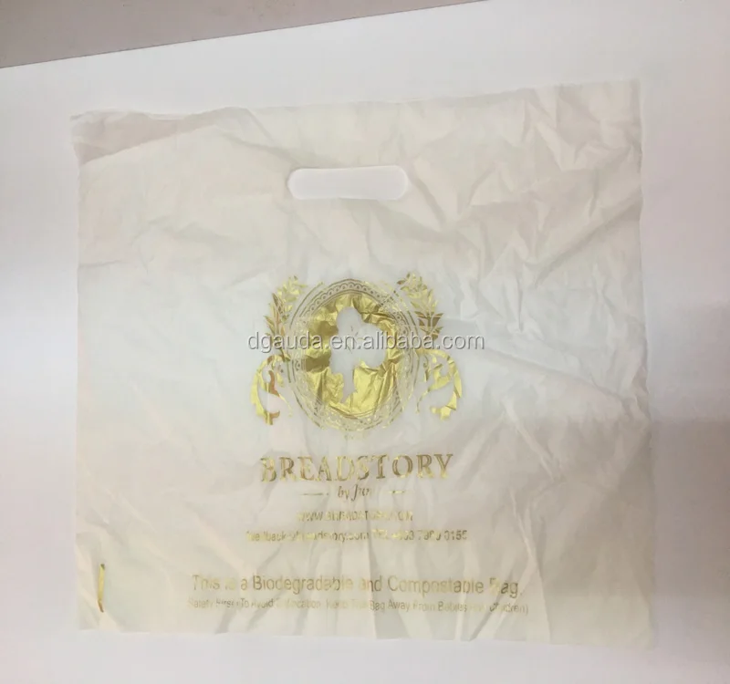 
certified custom printed merchandise punch die cut 100% biodegradable and compostable plastic shopper handle bag 