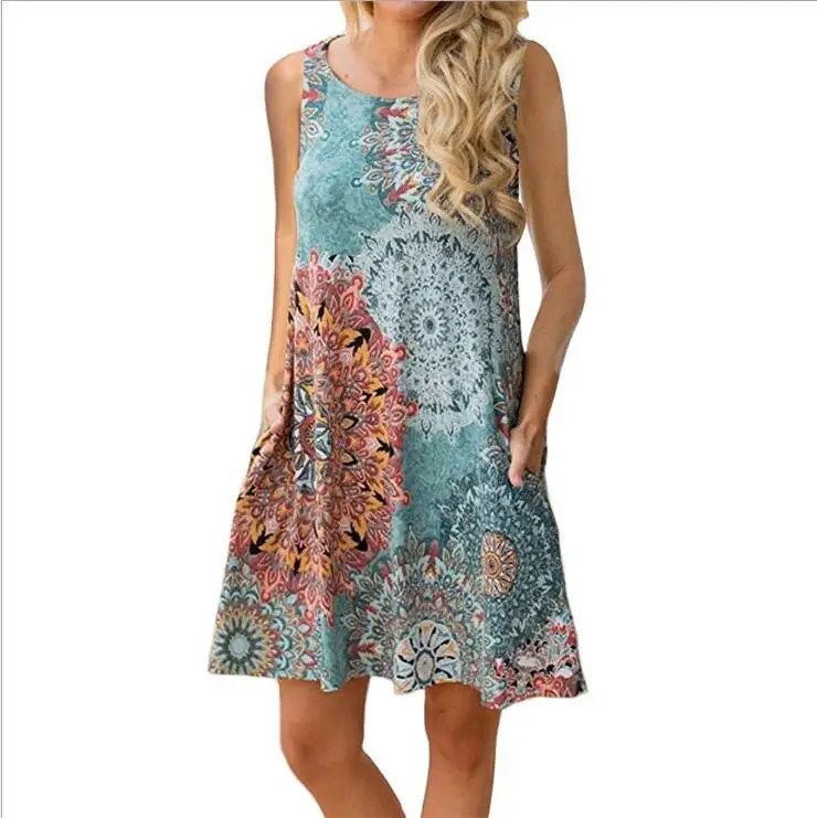 

2021 Best Selling Women Beach Dress Summer Sleeveless Casual Print Flower Dress, As pictures