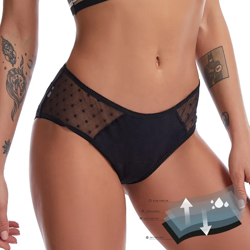 

40495 Women's Leak Proof Underwear Sexy Mesh Lace Menstrual Panties Washable 4 Layers Period Menstrual Panties, Black