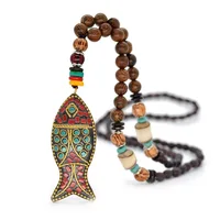 

Handmade Nepal Jewelry Buddhist Mala Wood Beads Pendant Necklace Ethnic Horn Fish Long Statement Necklace For Women Men