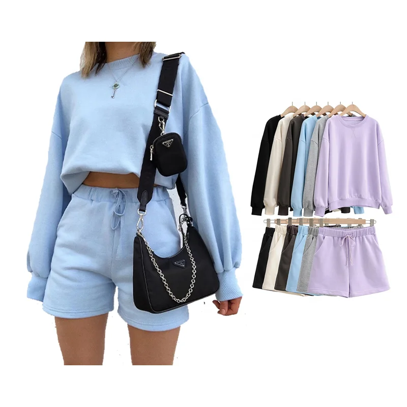 

Fashion Women Long Sleeve Jumper Crew Neck Sweatshirt Tops And Loose Casual Shorts Bottom Suit Two Piece Sets, Available