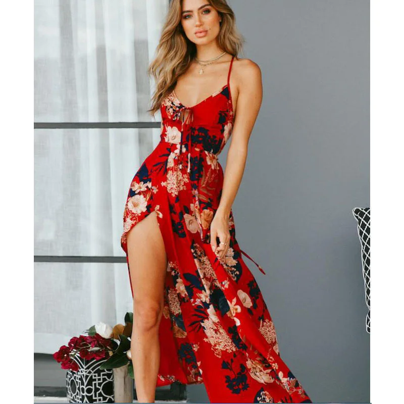 

2021 summer fashion party sleeveless sling print maxi dress girls casual evening dresses