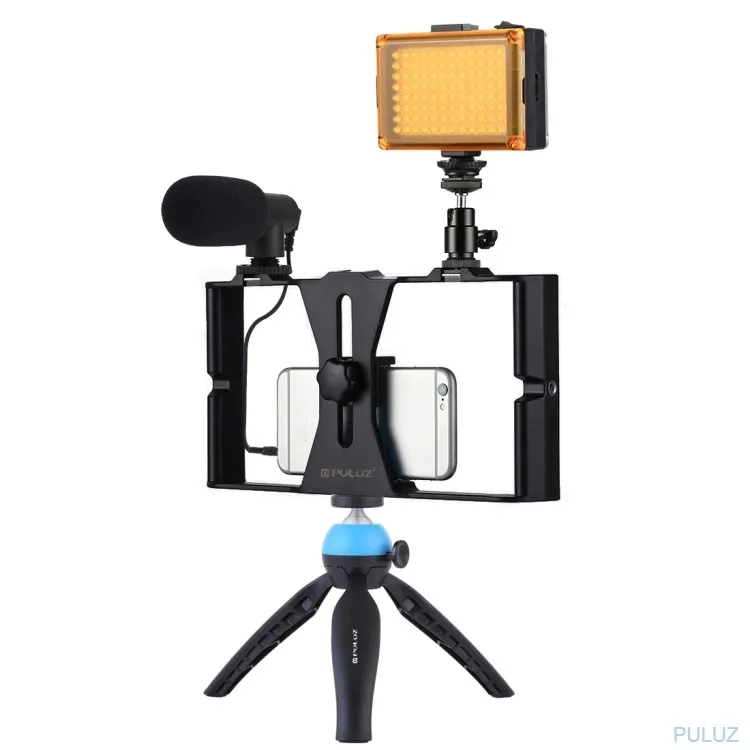 

PULUZ 4 in 1 Vlogging Camera Cage Live Broadcast LED Selfie Light Smartphone Video Rig Kits with Microphone, Blue