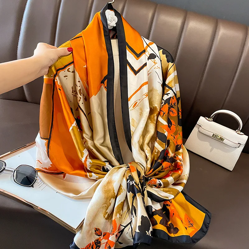 

New arrival summer soft silky shawls for ladies fashion leaf printed silk scarves wholesale custom 180*90cm Satin hijab scarfs