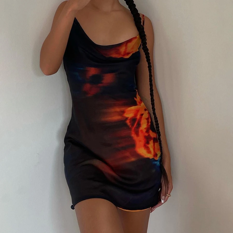 

Kliou K21D07779 Club Dresses Backless Sleeveless Print Fire Mini Dress Women Casual Dresses