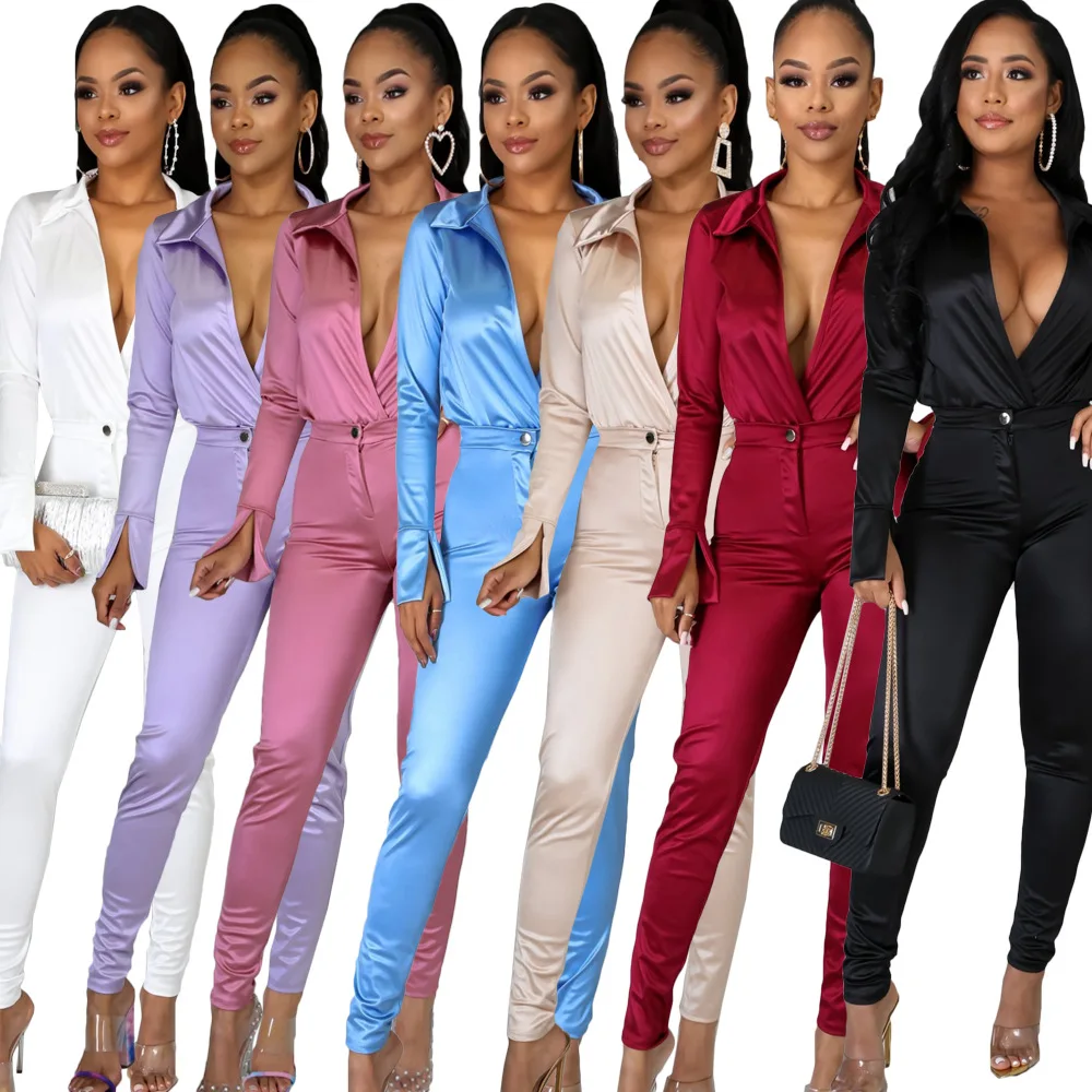 

2021 women new 2 Piece Set Satin Jumpsuits Rompers Women Two Piece Set Clothing Outfits Trousers Pants, Customized color