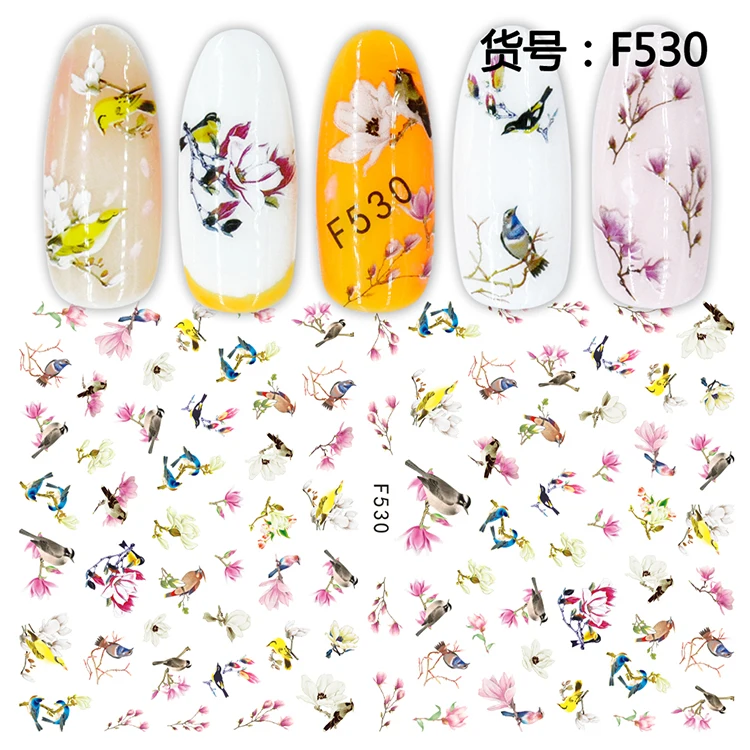 

Romantic Swans Pink Flamingo Peacock Decals Chinese Traditional Painting Of Flower And Bird Nail Ornaments Manicure Accessories, 16 colors