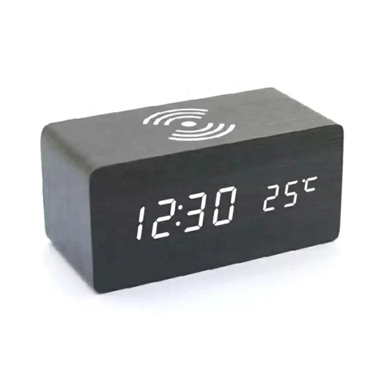 

Wooden digital LED alarm clock with wireless phone charging table clock promotional gift logo custom new design desktop clock