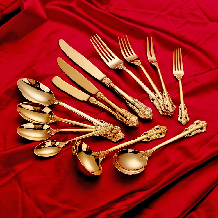 

Luxury Royal Gold Plated Used Restaurant Cutlery 18/8 High End Stainless Steel Golden Flatware Sets for Wedding