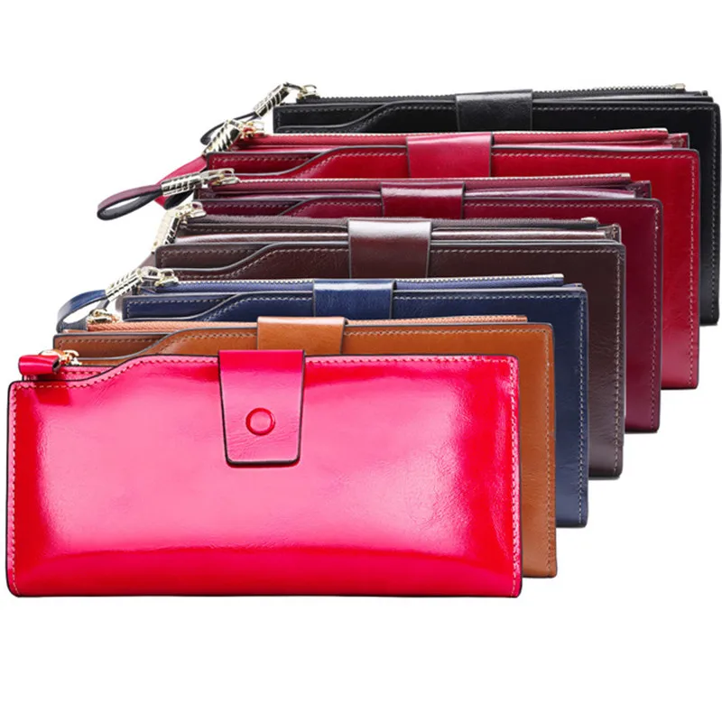 

Fashion First Layer Genuine Leather Anti-RFID Ladies Long Oil Wax Leather Rfid Cowhide Women Multi-card Rfid Wallet, As the picture display