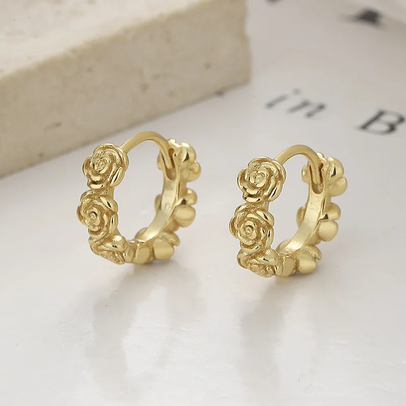 

fine jewelry 925 sterling silver earrings multiple flower rose wreath garland gold plated hoop earrings for women