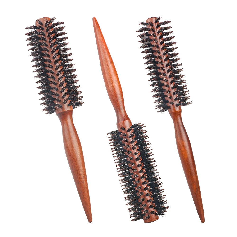

Factory price Barber shop roll round comb Wood Handle Natural Bristle Curly Fluffy Hairdressing brush